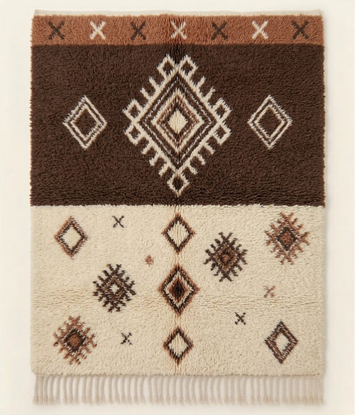 Desert Rhythm Beni Ouarain custom Moroccan rug in ivory, cocoa and terracotta, hand-knotted in Morocco
