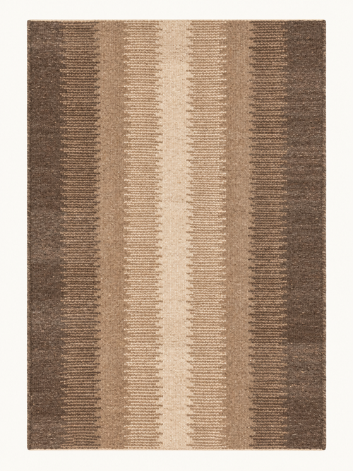 Dune Columns custom Moroccan kilim rug with vertical woven bands in brown, taupe and natural ivory