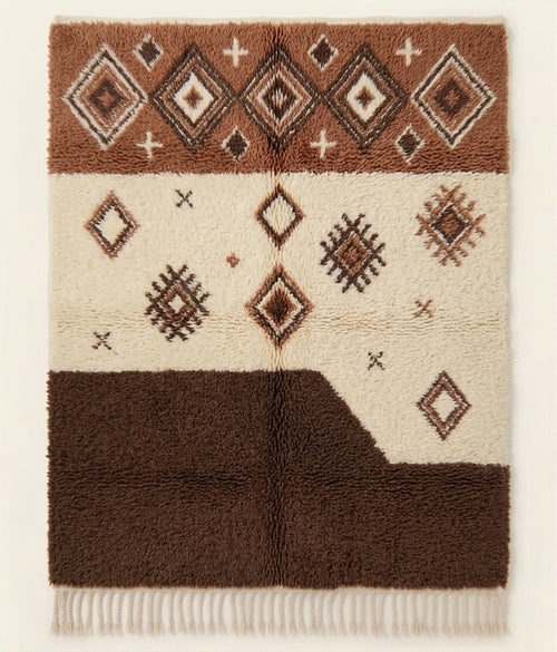 Earth Passage Beni Ouarain custom Moroccan rug in ivory, terracotta and deep cocoa with Amazigh diamond motifs