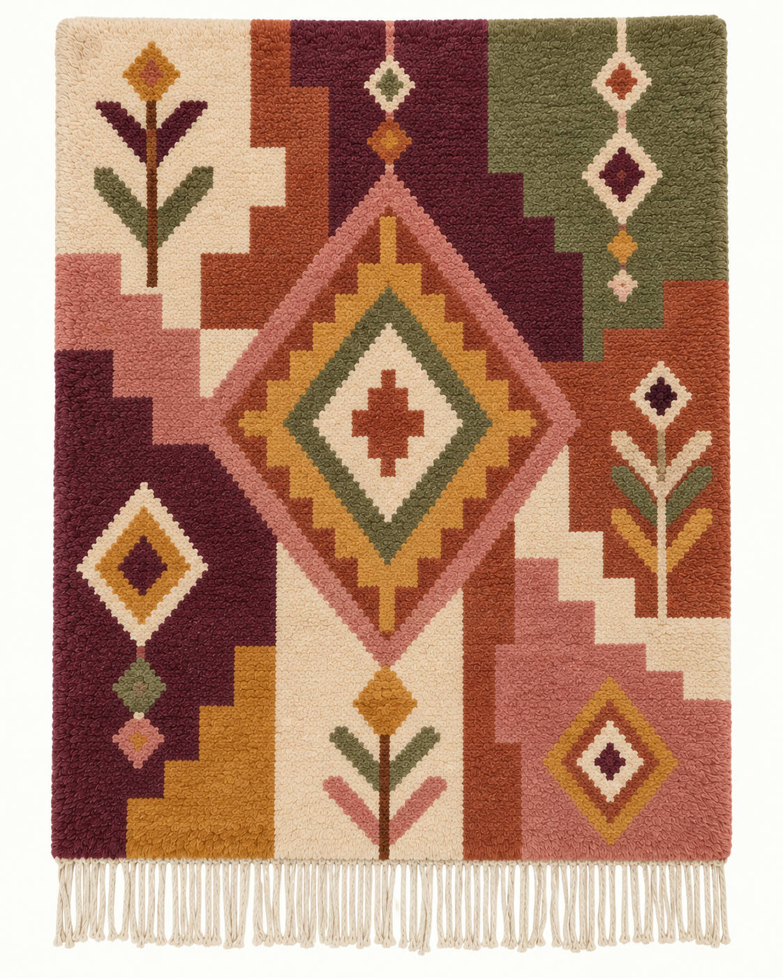 Earthen Garden custom Boujaad rug in burgundy, terracotta, dusty rose, ochre and olive, hand-knotted in Morocco