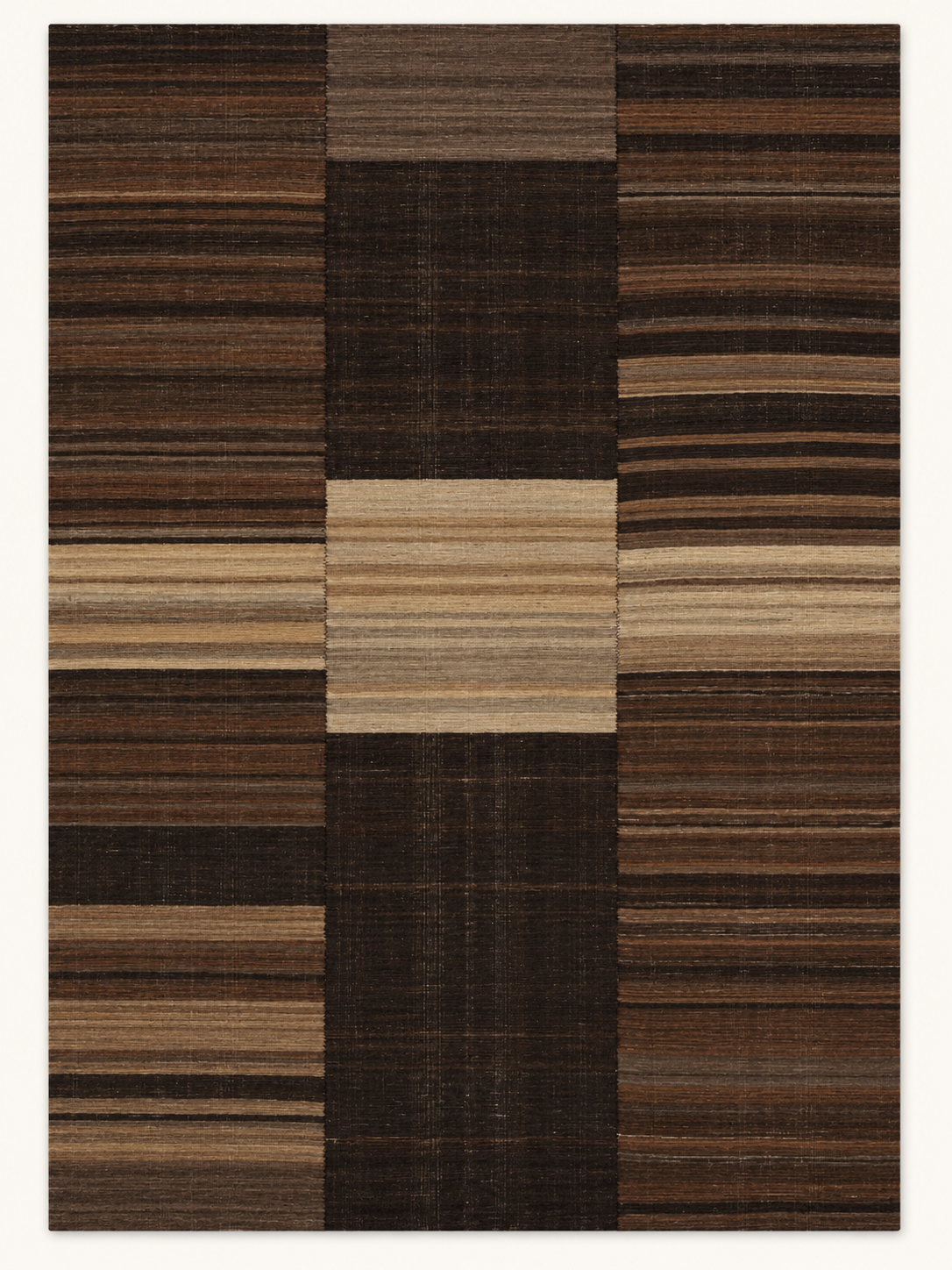 Earthen Panels custom Moroccan kilim rug with geometric woven sections in brown, taupe and natural wool tones