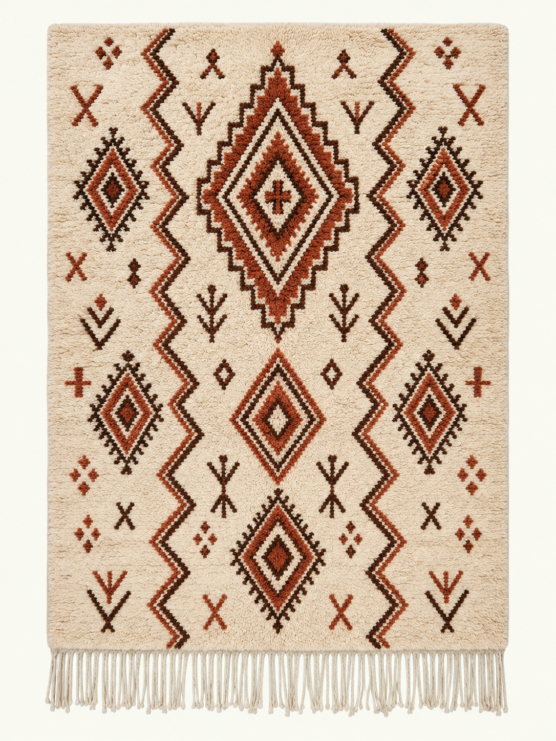 Earthen Rhythm custom Azilal rug in natural ivory, terracotta and deep brown, hand-knotted in Morocco