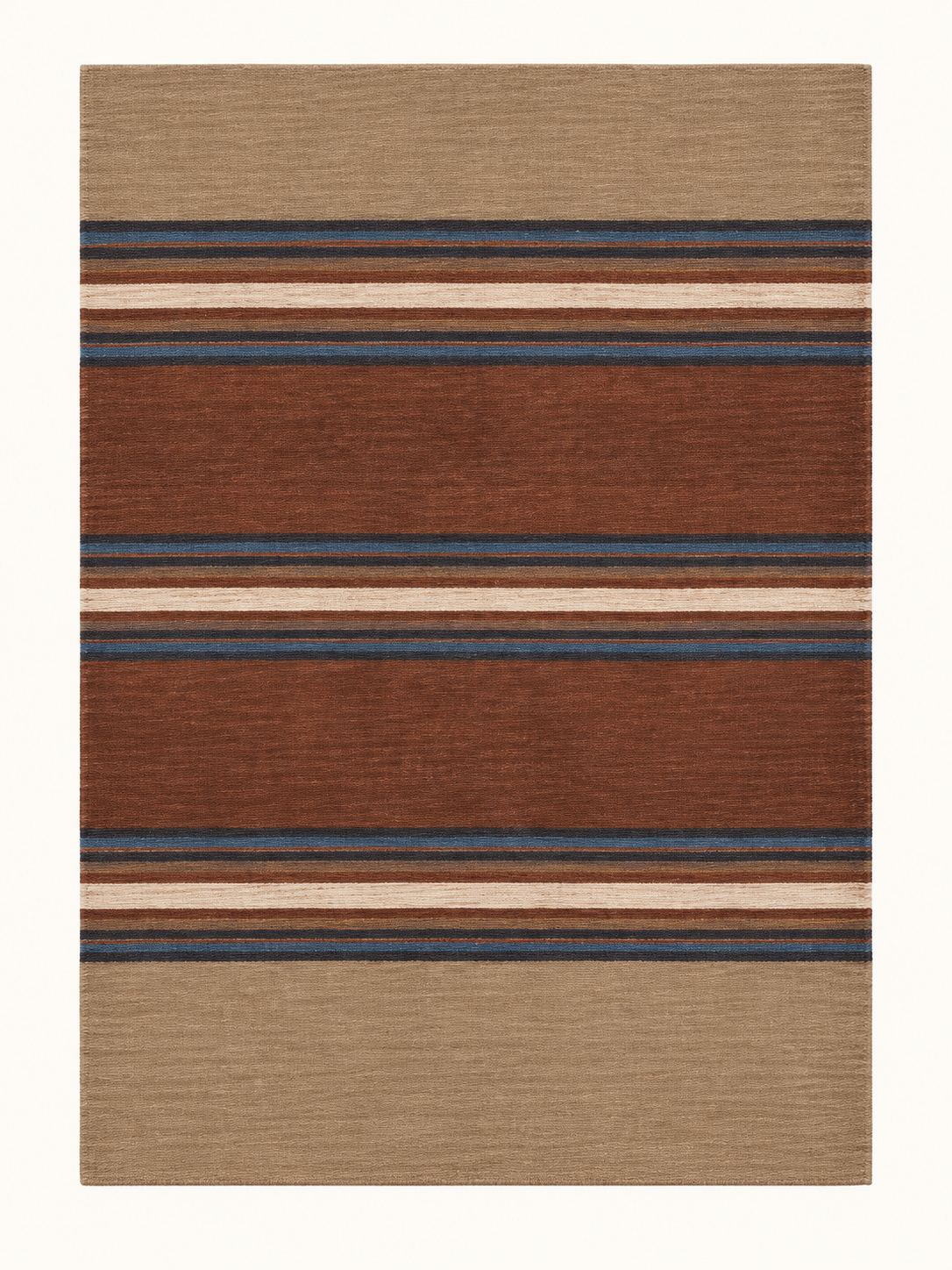 Ember Lines custom Moroccan kilim rug with rust, navy, ivory and taupe woven stripes