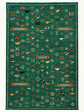 Emerald Archive custom Taznakht rug with multicoloured hand-knotted motifs on a deep green flatweave wool ground, handwoven in Morocco