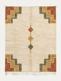 Held Within Beni Ouarain custom Moroccan rug with terracotta, ochre and olive stepped corner motifs and central diamonds on warm ivory wool