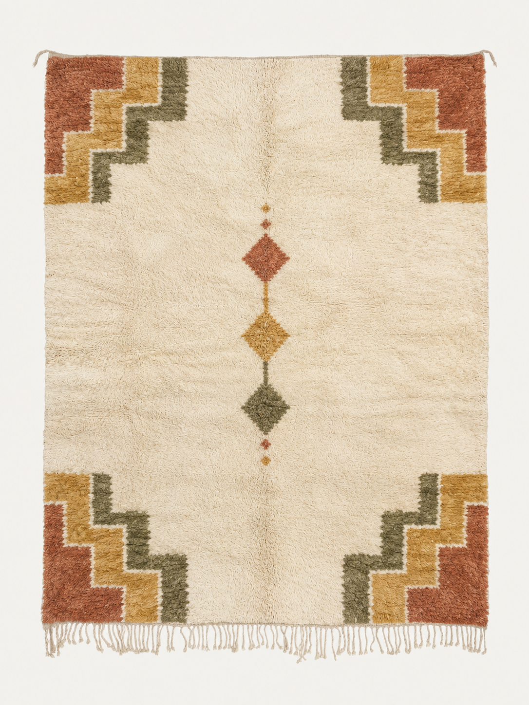 Held Within Beni Ouarain custom Moroccan rug with terracotta, ochre and olive stepped corner motifs and central diamonds on warm ivory wool