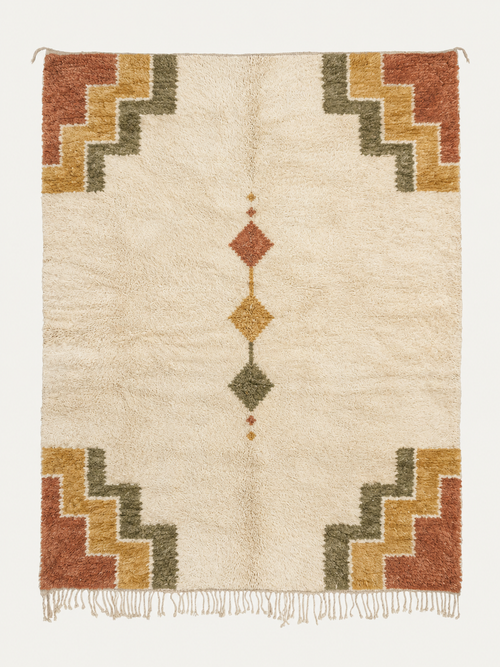Held Within Beni Ouarain custom Moroccan rug with terracotta, ochre and olive stepped corner motifs and central diamonds on warm ivory wool