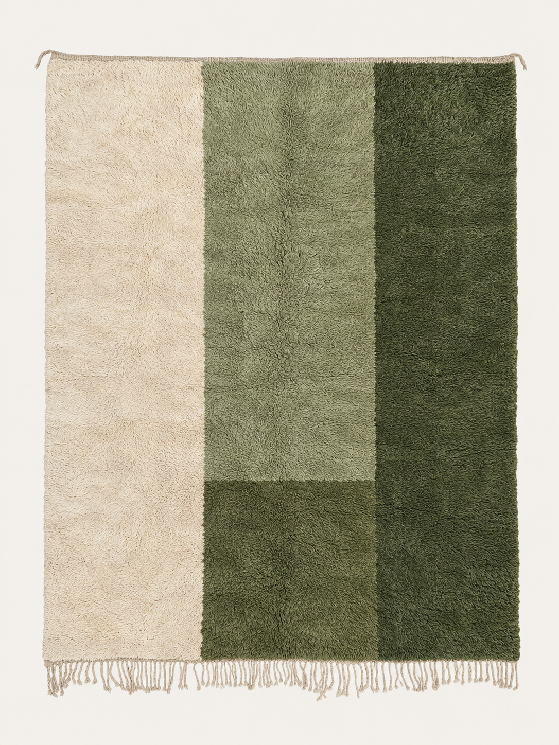 Homeward custom Beni Mrirt rug in warm ivory, sage and deep olive, hand-knotted in Morocco