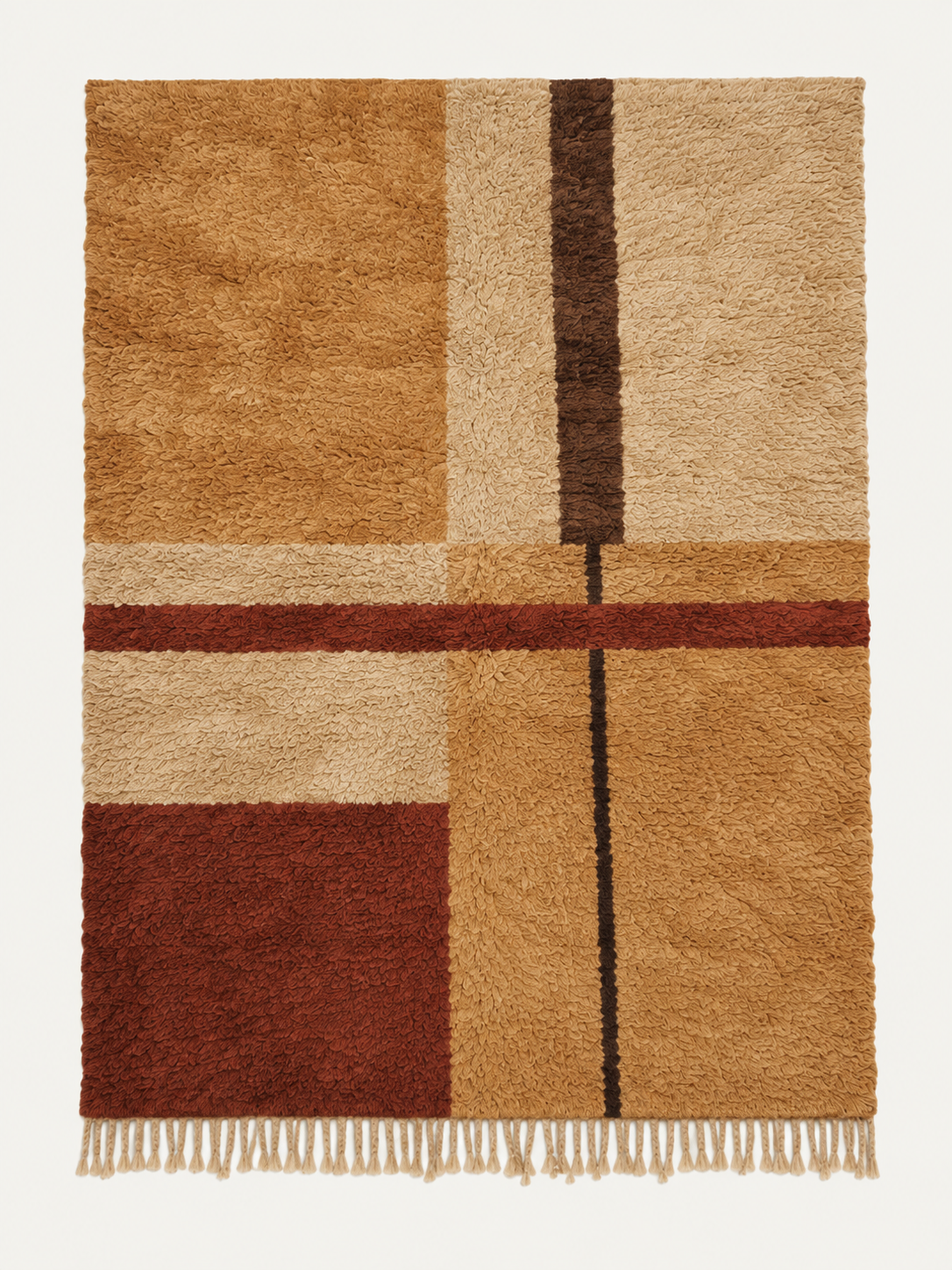 Horizon Trace custom Beni Mrirt rug in warm ivory, camel, terracotta and deep brown, hand-knotted in Morocco
