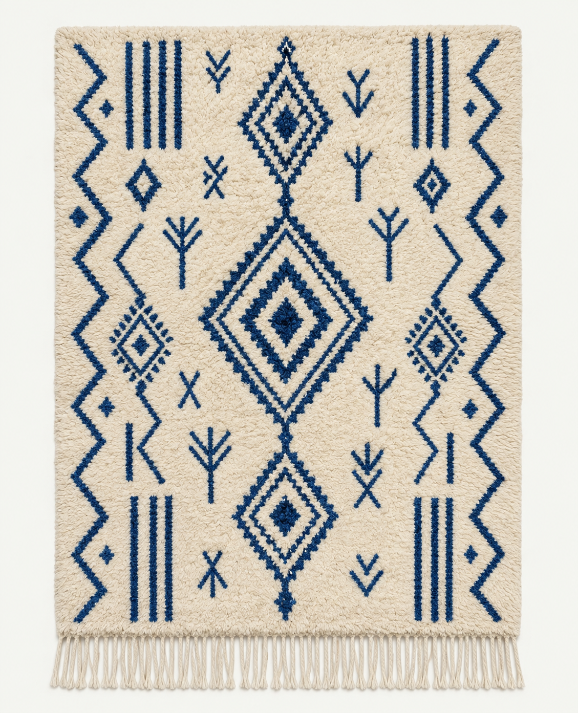 Indigo Cadence custom Azilal rug in natural ivory and deep indigo blue, hand-knotted in Morocco