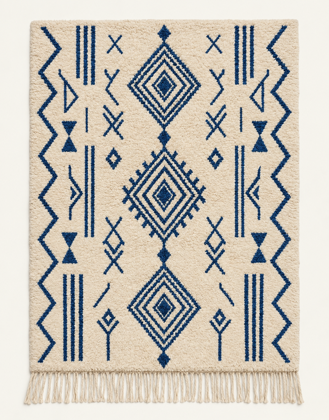 Indigo Glyphs custom Azilal rug in natural ivory and deep indigo blue, hand-knotted in Morocco