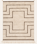 Inner Frame Beni Ouarain custom Moroccan rug in warm ivory wool with stepped cocoa geometric lines