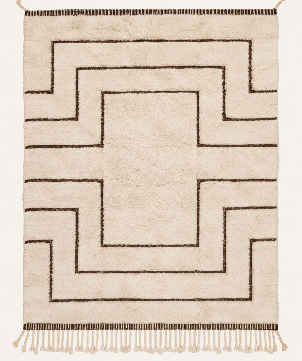 Inner Frame Beni Ouarain custom Moroccan rug in warm ivory wool with stepped cocoa geometric lines