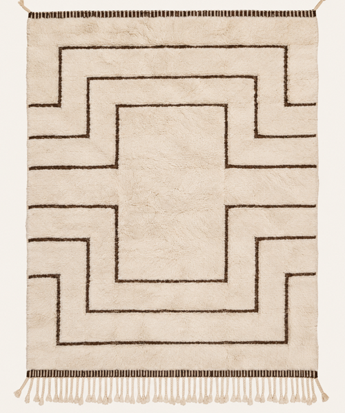 Inner Frame Beni Ouarain custom Moroccan rug in warm ivory wool with stepped cocoa geometric lines