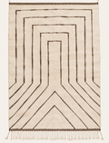 Inner Rise Beni Ouarain custom Moroccan rug with deep cocoa flatweave geometric lines on warm ivory wool
