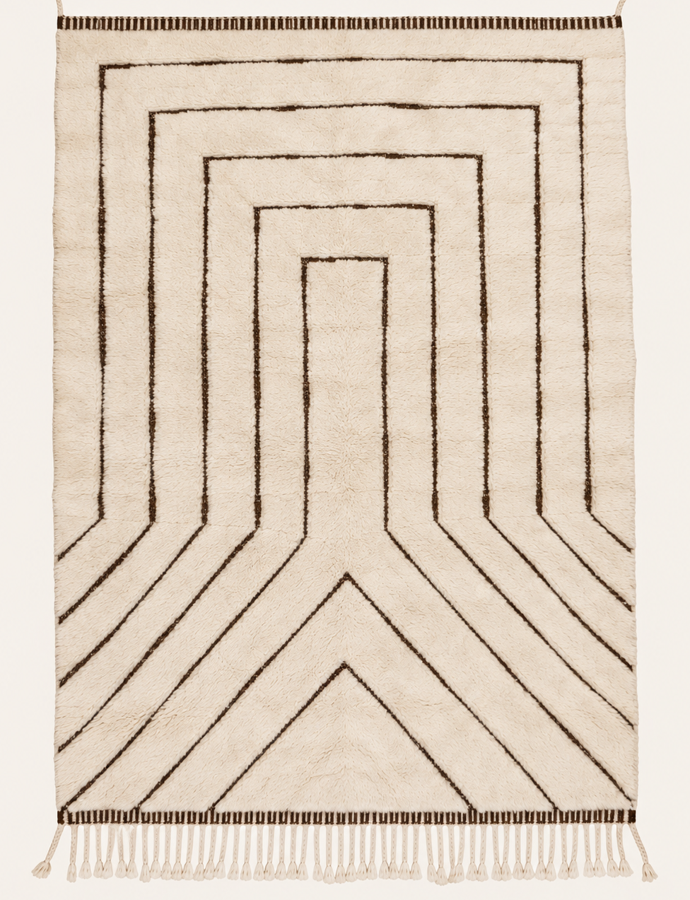 Inner Rise Beni Ouarain custom Moroccan rug with deep cocoa flatweave geometric lines on warm ivory wool