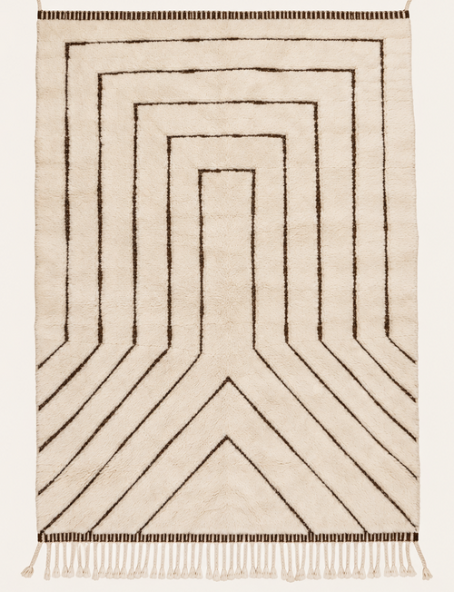 Inner Rise Beni Ouarain custom Moroccan rug with deep cocoa flatweave geometric lines on warm ivory wool