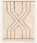 Joined Paths Beni Ouarain custom Moroccan rug with deep cocoa flatweave lines on warm ivory wool