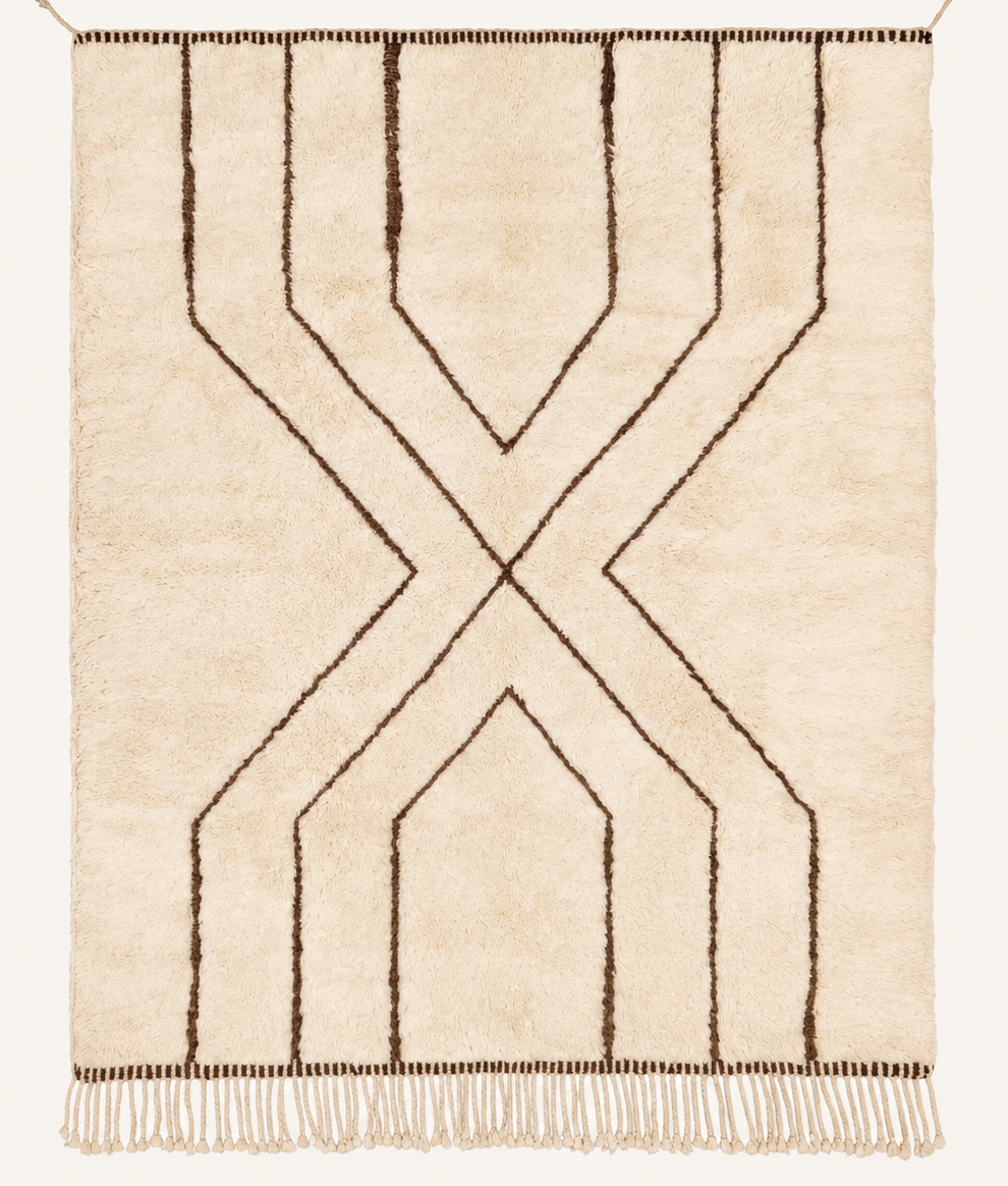 Joined Paths Beni Ouarain custom Moroccan rug with deep cocoa flatweave lines on warm ivory wool