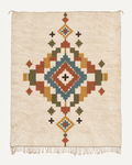 Keepsake Beni Ouarain custom Moroccan rug with terracotta, ochre, olive and muted blue-green geometric motifs on warm ivory wool