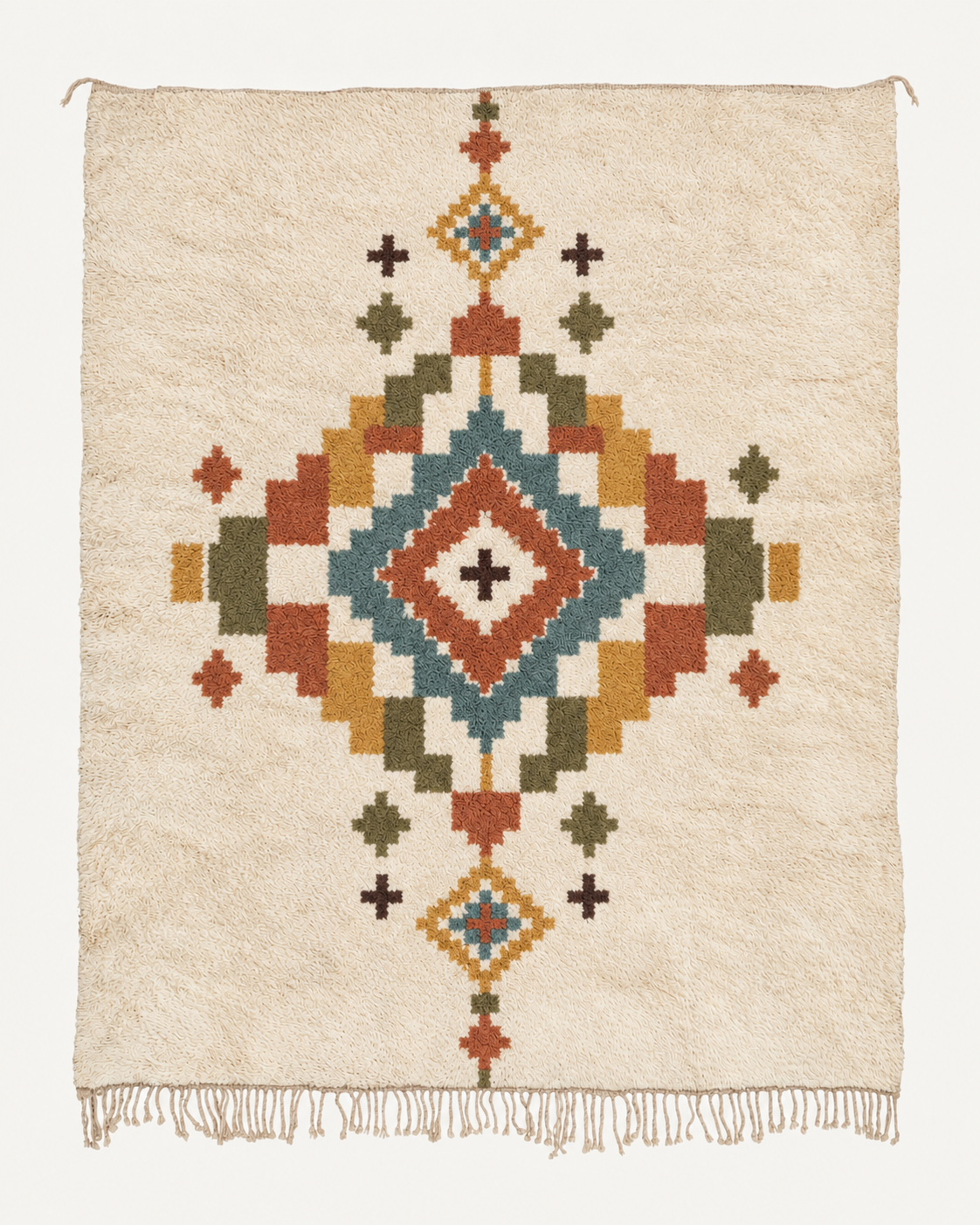 Keepsake Beni Ouarain custom Moroccan rug with terracotta, ochre, olive and muted blue-green geometric motifs on warm ivory wool