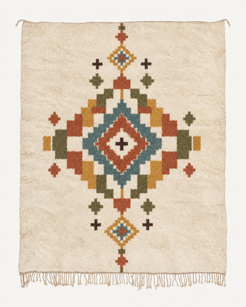 Keepsake Beni Ouarain custom Moroccan rug with terracotta, ochre, olive and muted blue-green geometric motifs on warm ivory wool
