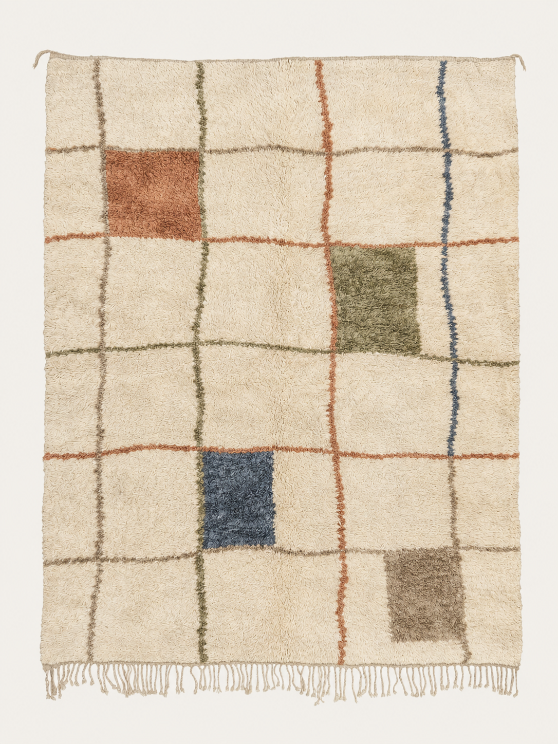 Landmarks Beni Ouarain custom Moroccan rug with terracotta, olive, muted indigo and taupe blocks within a fine geometric grid on warm ivory wool