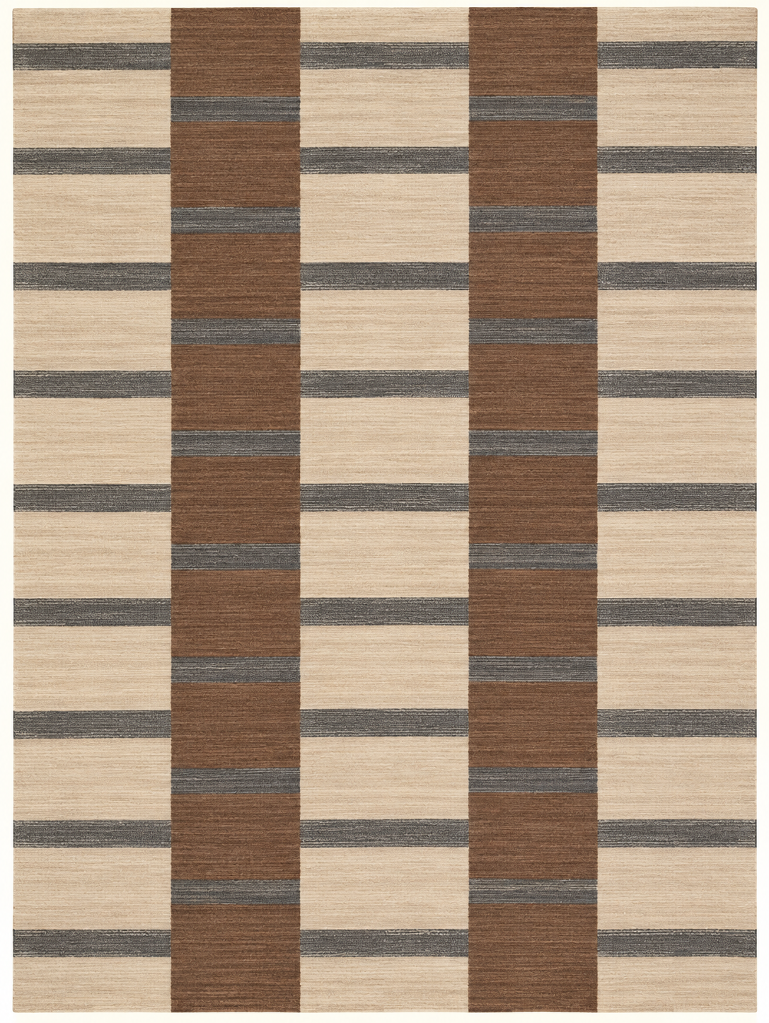 Measured Crossing custom Moroccan kilim rug with brown vertical fields, charcoal horizontal bands and natural ivory wool