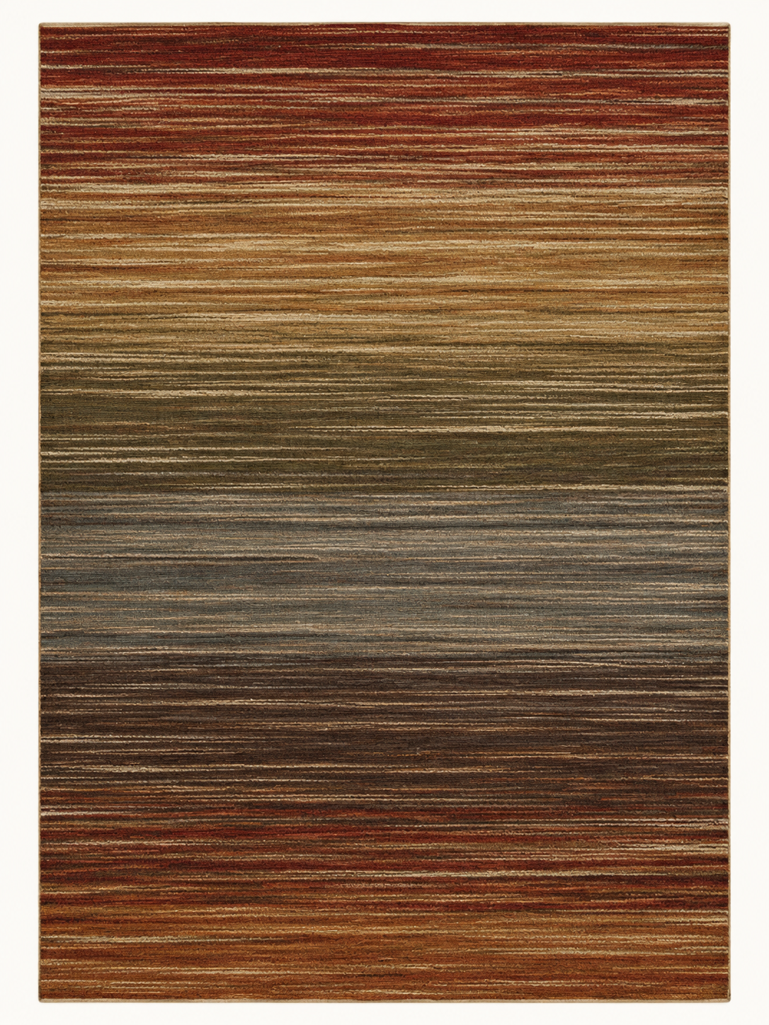 Mineral Horizon custom Moroccan kilim rug with fine horizontal weaving in rust, sand, olive, charcoal and brown tones