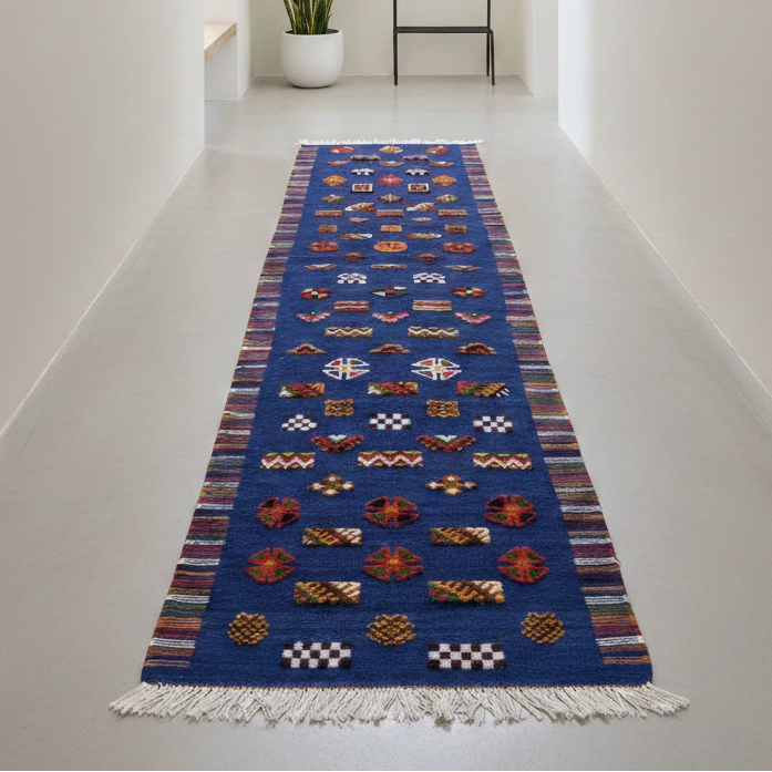 Moroccan rug – navy blue handwoven runner with symbols