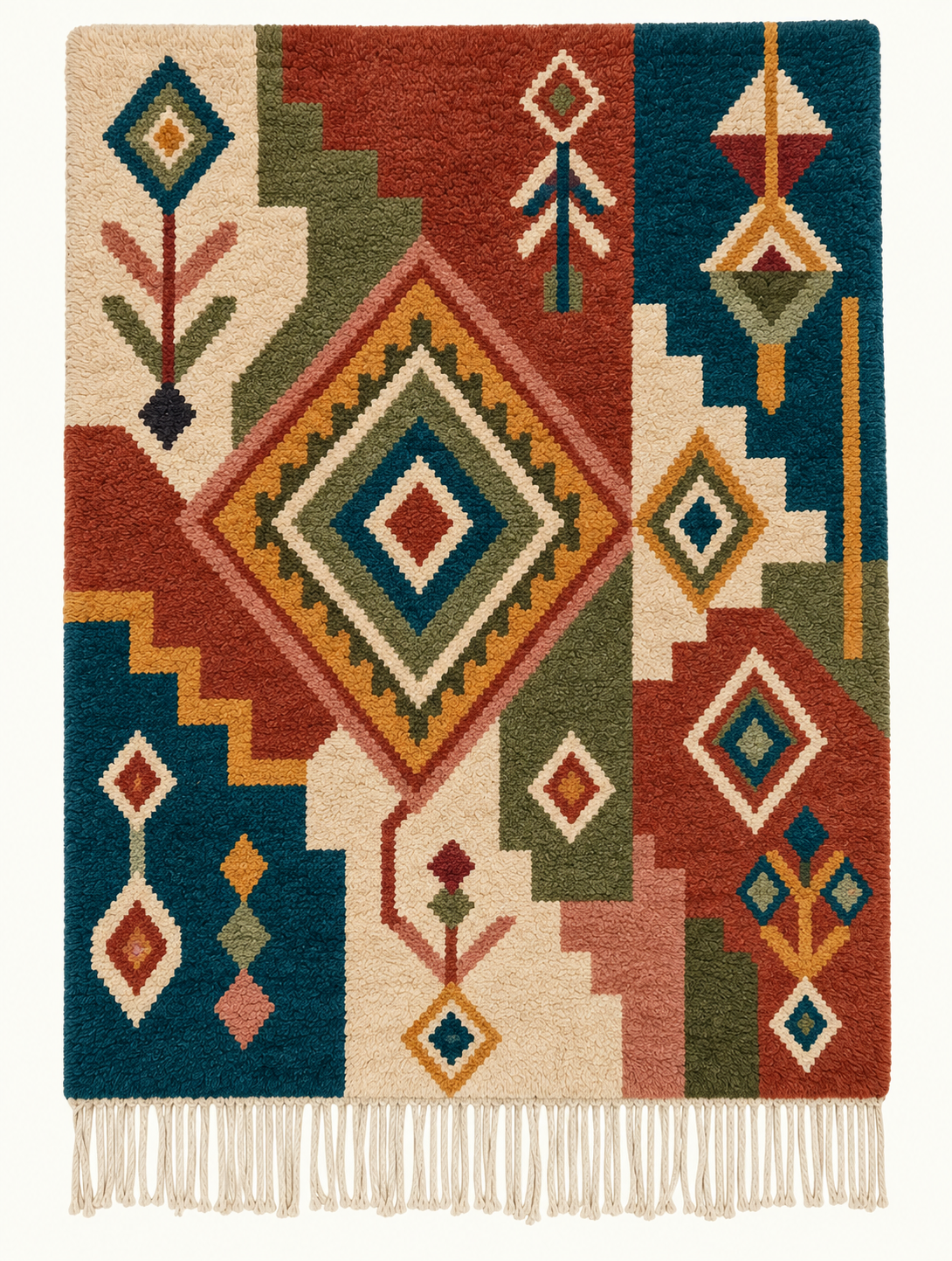 Mosaic Bloom custom Boujaad rug in ivory, teal, terracotta, olive, ochre and dusty rose, hand-knotted in Morocco