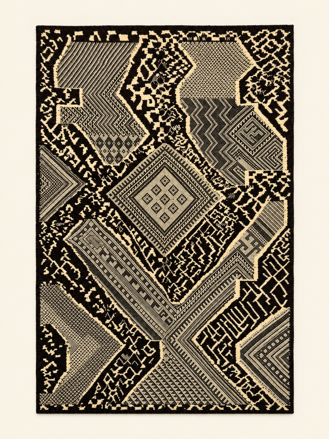 Obsidian Geometry custom Taznakht rug in black and natural ivory with mixed hand-knotted and flatwoven construction