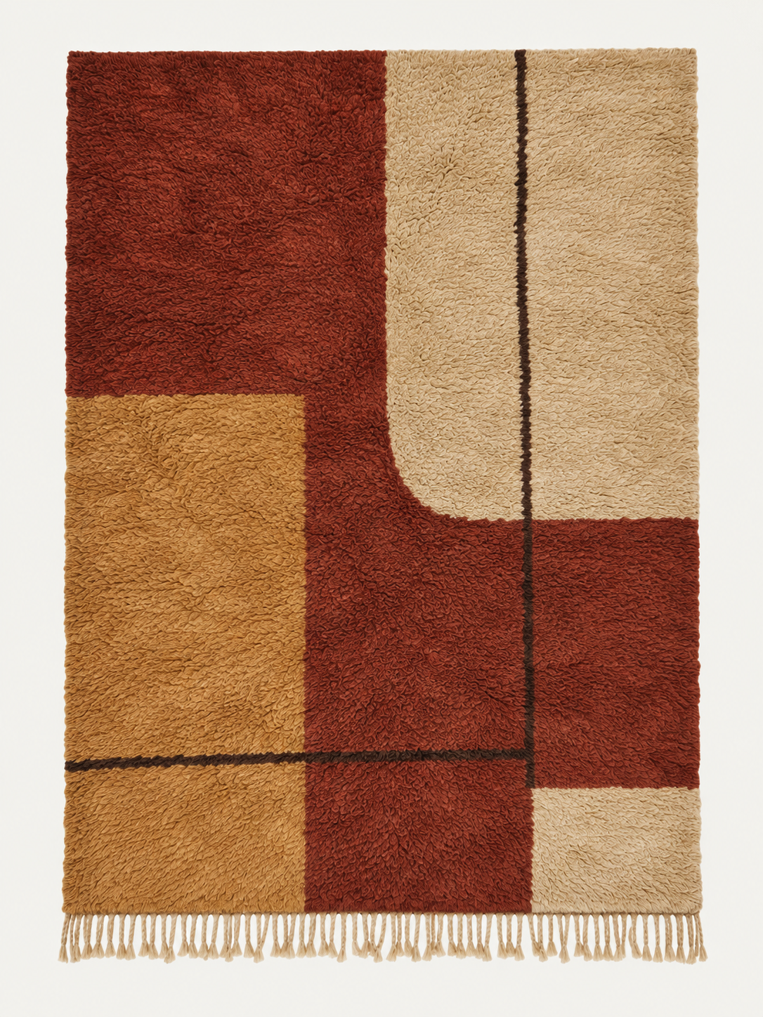 Ochre Frame custom Beni Mrirt rug in warm ivory, ochre, terracotta and deep brown, hand-knotted in Morocco