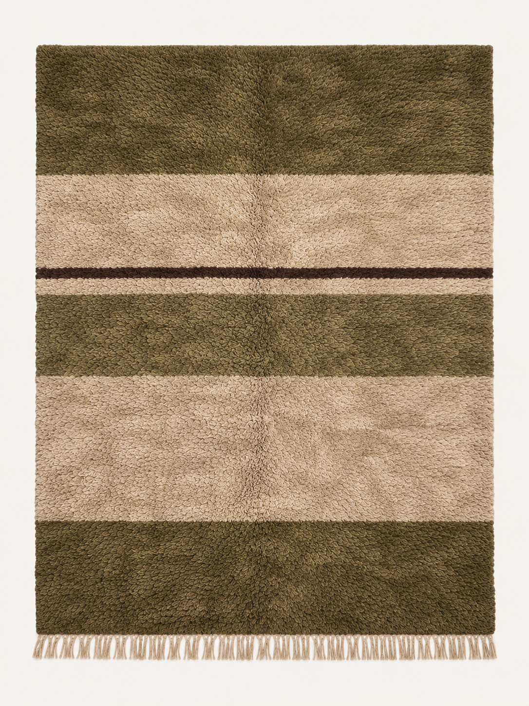 Olive Horizon custom Beni Mrirt rug in olive, warm ivory, taupe and deep brown, hand-knotted in Morocco