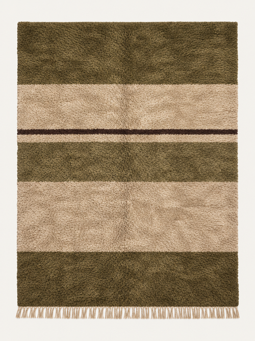 Olive Horizon custom Beni Mrirt rug in olive, warm ivory, taupe and deep brown, hand-knotted in Morocco