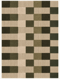 Olive Modules custom Moroccan kilim rug with olive green, natural ivory and striped geometric woven blocks