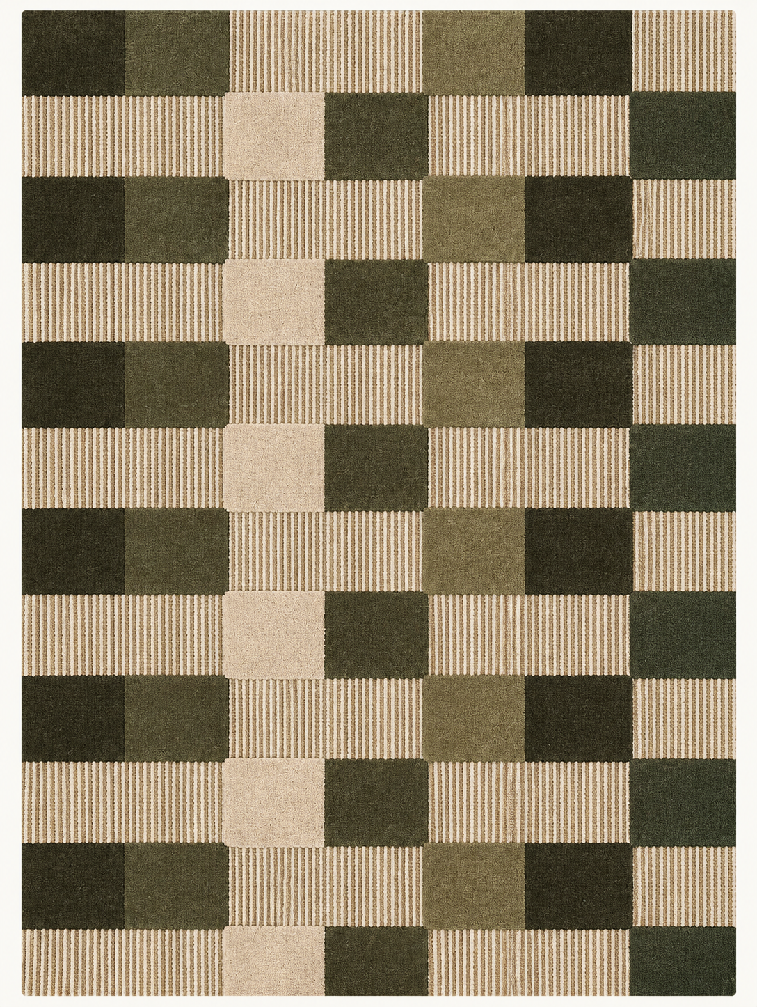 Olive Modules custom Moroccan kilim rug with olive green, natural ivory and striped geometric woven blocks