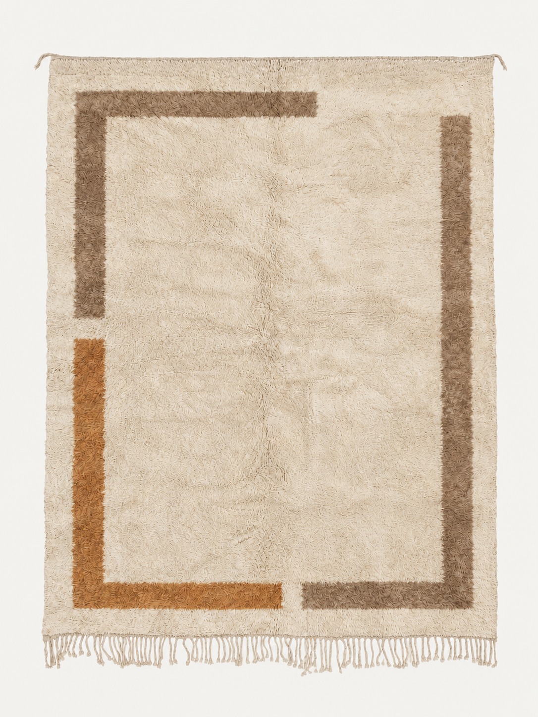 Open Boundary custom Beni Mrirt rug in ivory, taupe and ochre, hand-knotted in Morocco