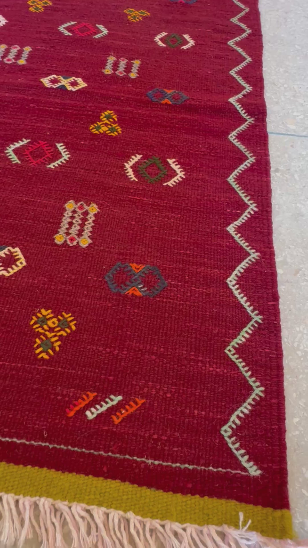 Small vintage-style Moroccan kilim rug with geometric Amazigh designs and mint border