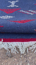 Blue Moroccan Kilim Rug - Handwoven Flatweave Wool - berber Motifs - 60 x 26 in