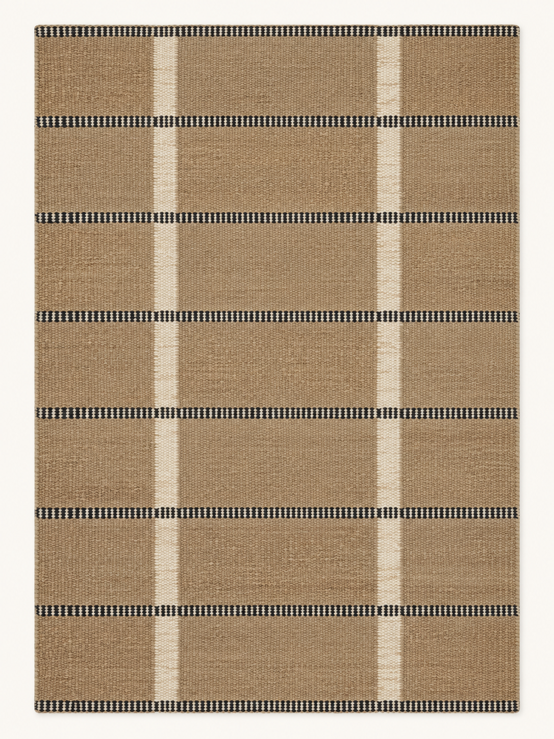 Quiet Framework custom Moroccan kilim rug with taupe wool ground, ivory vertical bands and fine dark horizontal lines