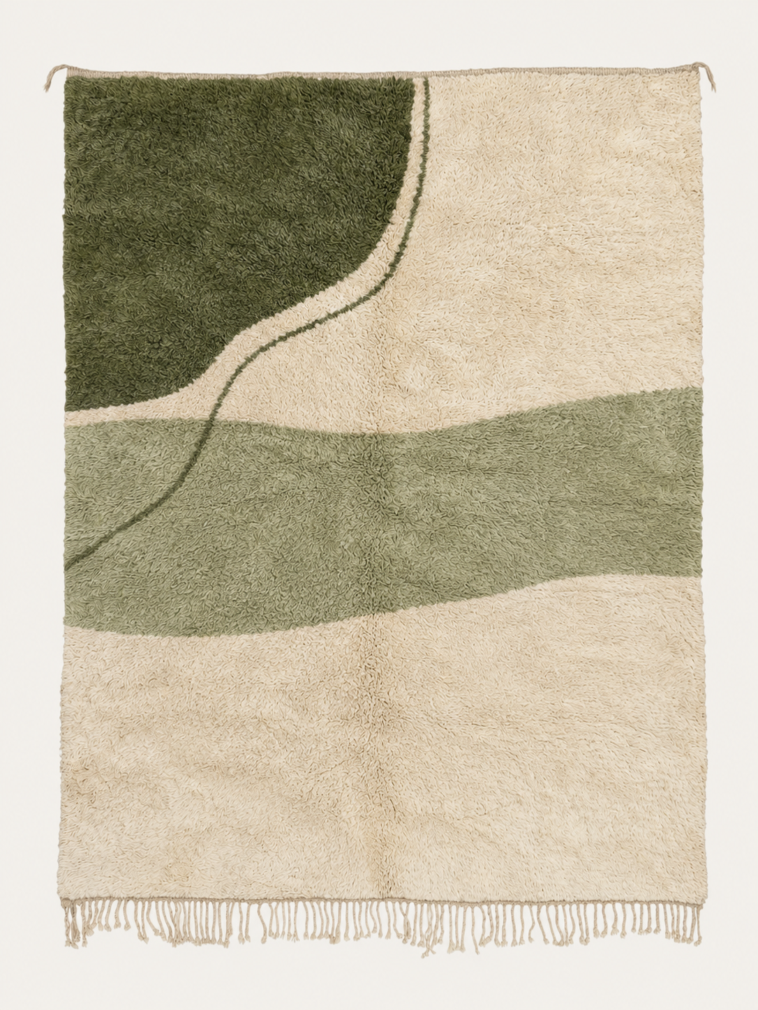 Quiet Terrain custom Beni Mrirt rug in ivory, sage and deep olive, hand-knotted in Morocco