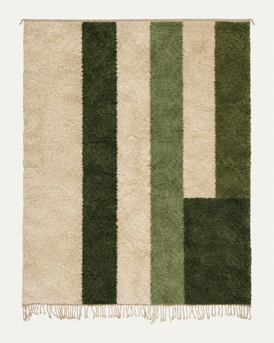 Rooted Calm custom Beni Mrirt rug in ivory, sage and deep olive, hand-knotted in Morocco