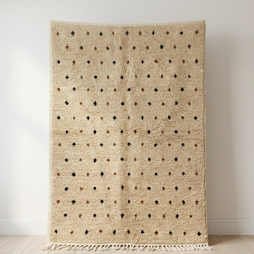 Ivory Moroccan wool rug with scattered black and brown diamond motifs, 220x180cm, laid on wood floor