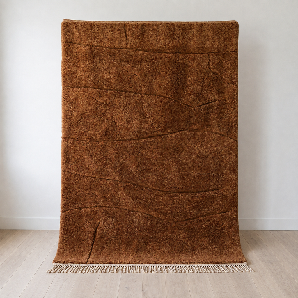 Caramel Beni Mrirt wool rug at the wall, medium pile with flatweave lines