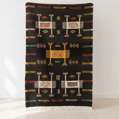 Black Moroccan Kilim Rug - Handwoven Flatweave Wool - berber Symbols - 40 x 27 in