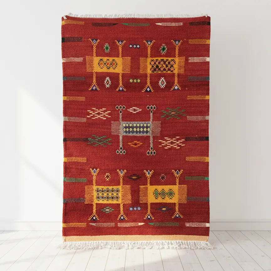 Small Red Flatweave Rug with Colorful Symbolic Motifs — 3’9” × 2’3” (104 × 67 cm) TazRugs