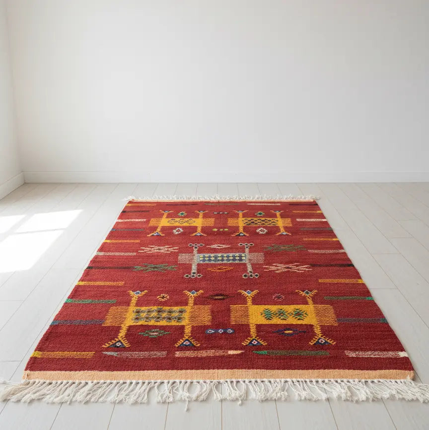 Small Red Flatweave Rug with Colorful Symbolic Motifs — 3’9” × 2’3” (104 × 67 cm) TazRugs
