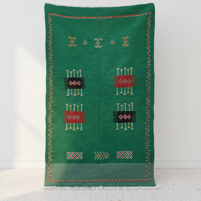 Green Moroccan Kilim Rug - Handwoven Flatweave Wool - Meaningful Symbols - 66 x 37 in