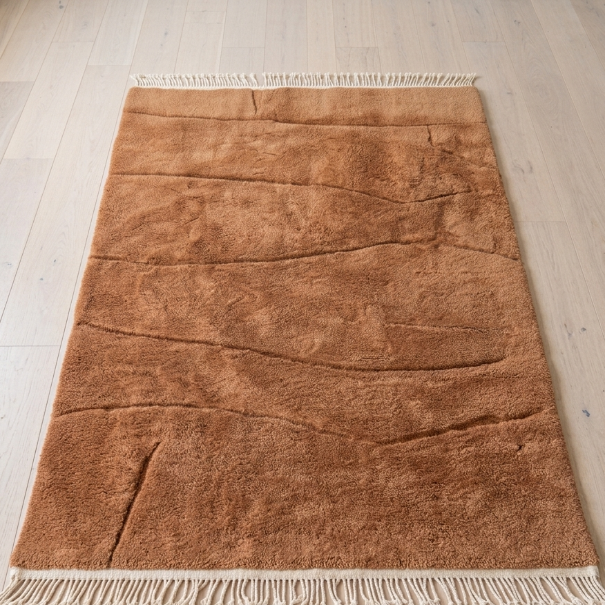 Caramel Beni Mrirt wool rug at the foot of a bed, medium pile with flatweave lines